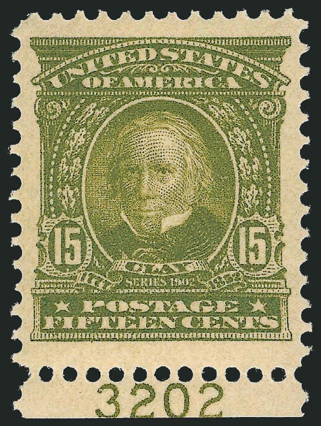 15c Olive Green (309).> Mint N.H. with <plate no. at bottom,> perfectly centered with enormous margins all around<><>^EXTREMELY FINE GEM. A MAGNIFICENT MINT NEVER-HINGED EXAMPLE OF THE 15-CENT 1902 ISSUE. A
STUNNING STAMP.^<><>With 1984 and 2002