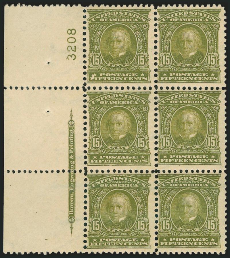 15c Olive Green (309).> Left imprint and plate no. 3208 block of six, lightly hinged, beautiful rich color, minor perf separations, still Fine and unusually fresh, ex Cheshire