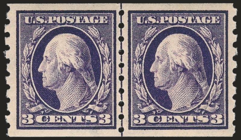 3c Deep Violet, Coil (394).> Mint N.H. guide line pair, deep rich color and proof-like impression, gorgeous centering with wide margins, Extremely Fine, with 1998 P.F. and 2009 P.S.E. certificates (XF 90 SMQ
$1,400.00)