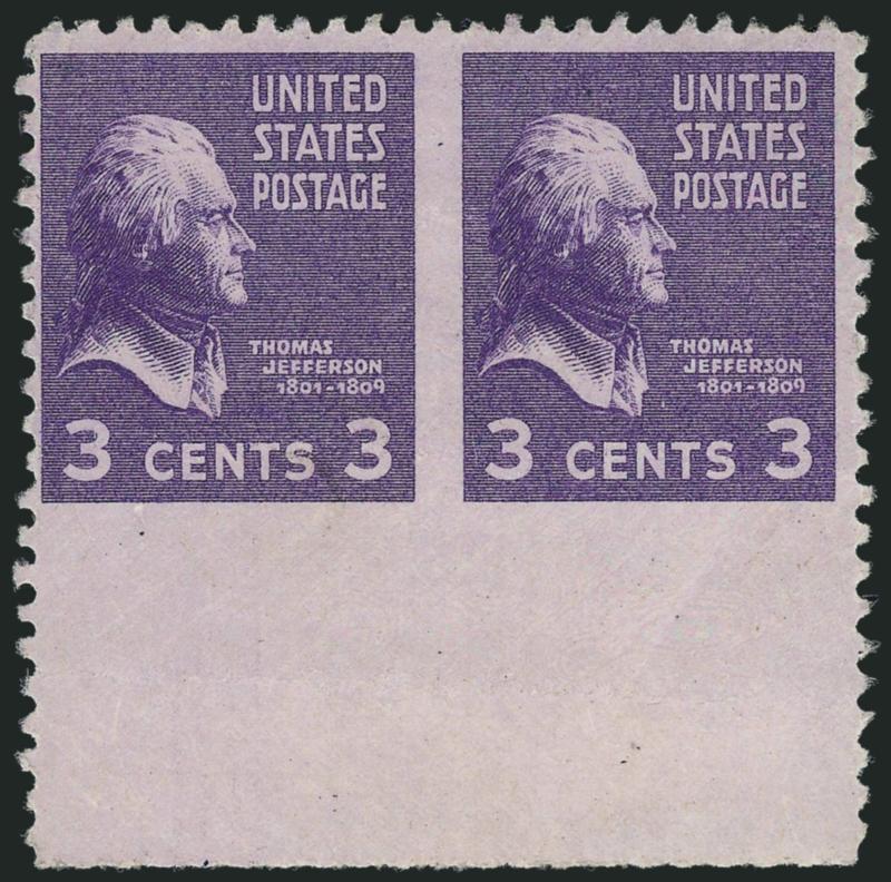 3c Presidential, Horizontal Pair, Imperforate Between (807b).> Mint N.H. but light gum soiling and disturbance on right stamp, huge bottom selvage (hinge mark), tiny edge crease of little importance, otherwise
Fine-Very Fine, rare and seldom offered