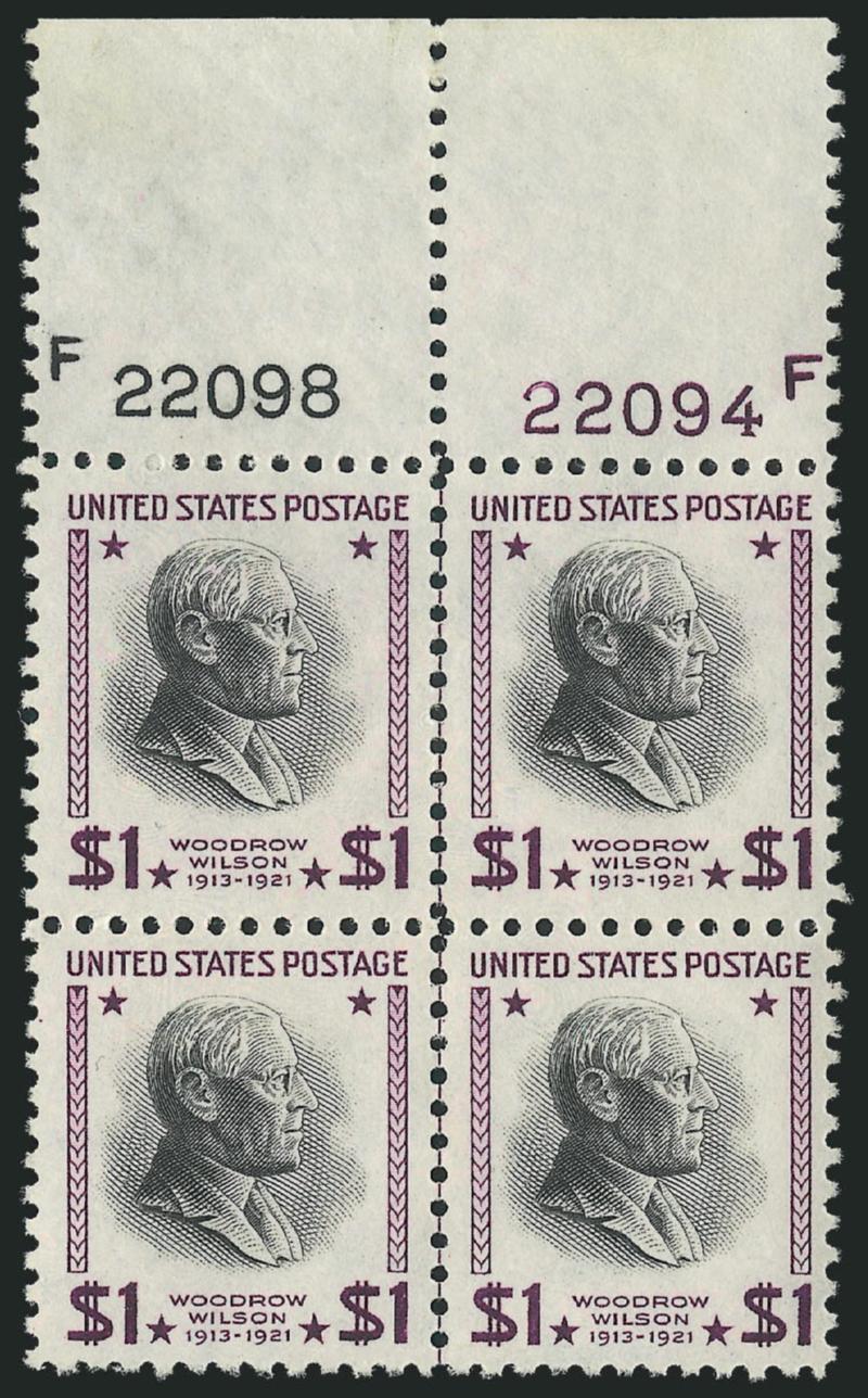 $1.00 Presidential, USIR Wmk. (832b).> Mint N.H. double F and double plate no. block of four, fresh and Very Fine
