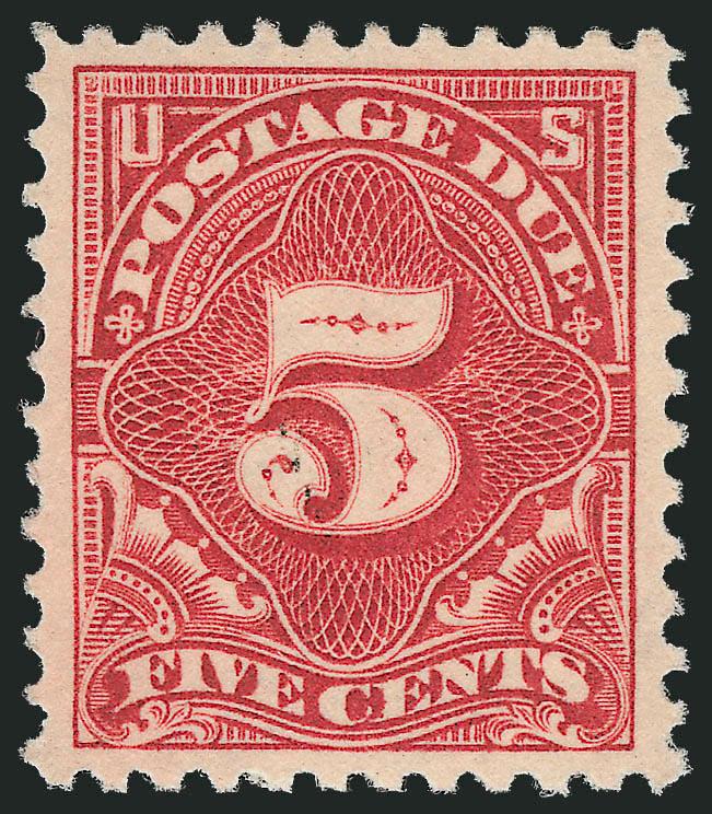 5c Carmine Rose (J64 var).> Mint N.H., rich color and proof-like impression, choice centering with wide and balanced margins, Extremely Fine Gem, with 2004 P.F. and 2007 P.S.E. certificates (XF-Superb 95 SMQ
$230.00), this is the highest grade award