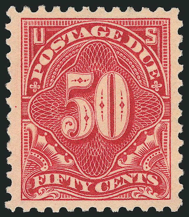 50c Carmine Rose (J67).> Mint N.H., radiant color, choice centering with Jumbo margins, Extremely Fine, a beautiful stamp, with 1983 and 1999 P.F. and 2007 P.S.E. certificates (VF-XF 85 Jumbo SMQ $380.00 as 85,
$520.00 as 90)