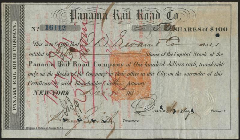 Panama Rail Road Co.> Four share certificates from 1865-79, first with 25c Certificate perforated, others with different Revenue Stamped Paper, generally Fine-Very Fine