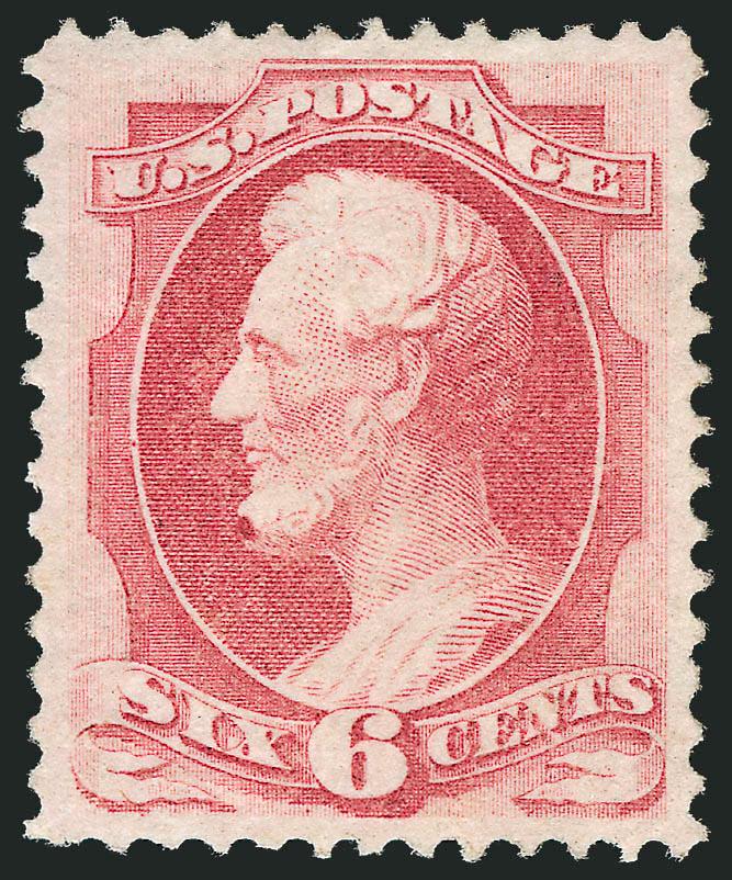 6c Carmine (148).> Original gum, radiant color, unusually choice centering with balanced margins, small natural spot on chin in printed ink mentioned only on most recent certificate<><>^EXTREMELY FINE. A
BEAUTIFUL ORIGINAL-GUM EXAMPLE OF THE 1870 6