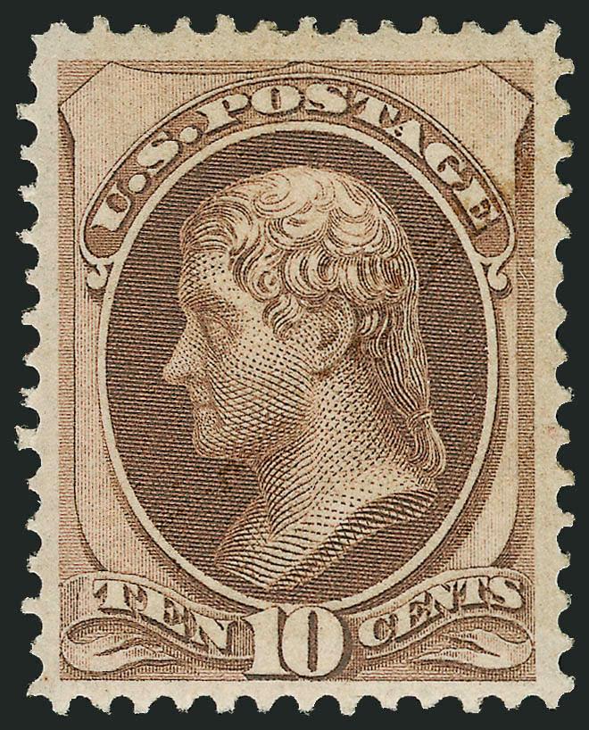 10c Brown (150).> Original gum, lightly hinged, intense color, wide margins<><>^EXTREMELY FINE. A RARE ORIGINAL-GUM EXAMPLE OF THE 10-CENT 1870 UNGRILLED NATIONAL BANK NOTE ISSUE.^<><>Ex Hoffman. With 1997 and
2004 P.F. certificates