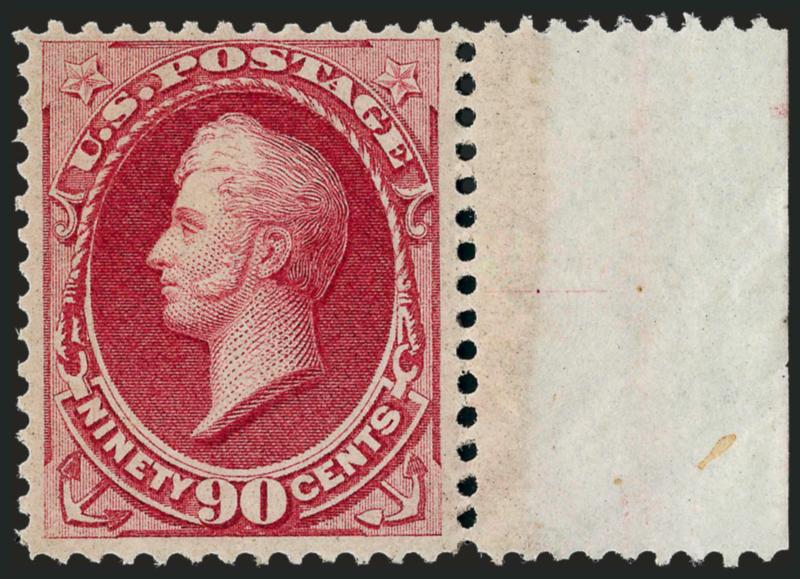 90c Carmine (155).> Original gum with <selvage at right,> lightly hinged, beautiful rich color and detailed impression, choice centering<><>^EXTREMELY FINE. THE 1870 90-CENT NATIONAL BANK NOTE ISSUE IS RARE IN
CHOICE ORIGINAL-GUM CONDITION.^<><>T
