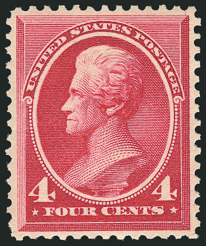 4c Carmine (215).> Most recent certificate states Mint N.H. with spots of gum glazing, deep rich color and proof-like impression, well-balanced margins, Extremely Fine, ex Odeneal, with 1999 P.F. and 2008 P.S.E.
certificates