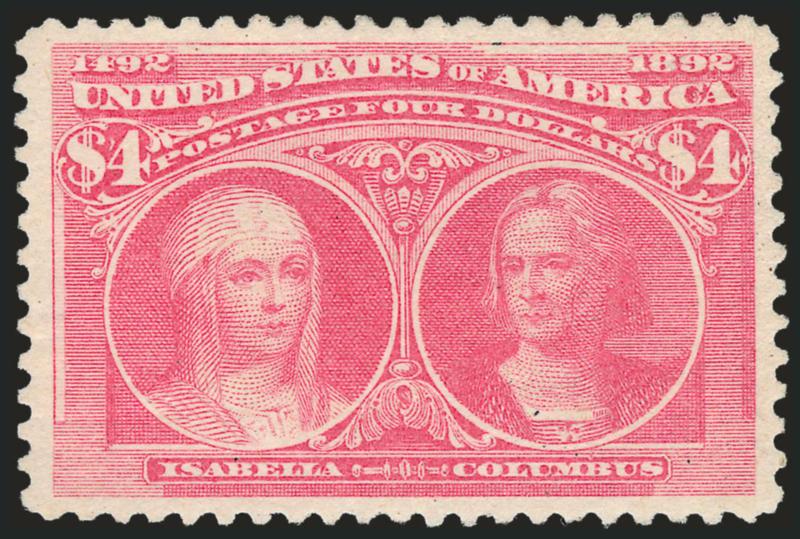 $4.00 Rose Carmine, Columbian (244a).> Original gum, lightly hinged, brilliant color in this distinctive sub-shade, wide margins<><>^EXTREMELY FINE ORIGINAL-GUM EXAMPLE OF THE $4.00 COLUMBIAN ISSUE IN THE ROSE
CARMINE SHADE.^<><>With 1991 P.F. an