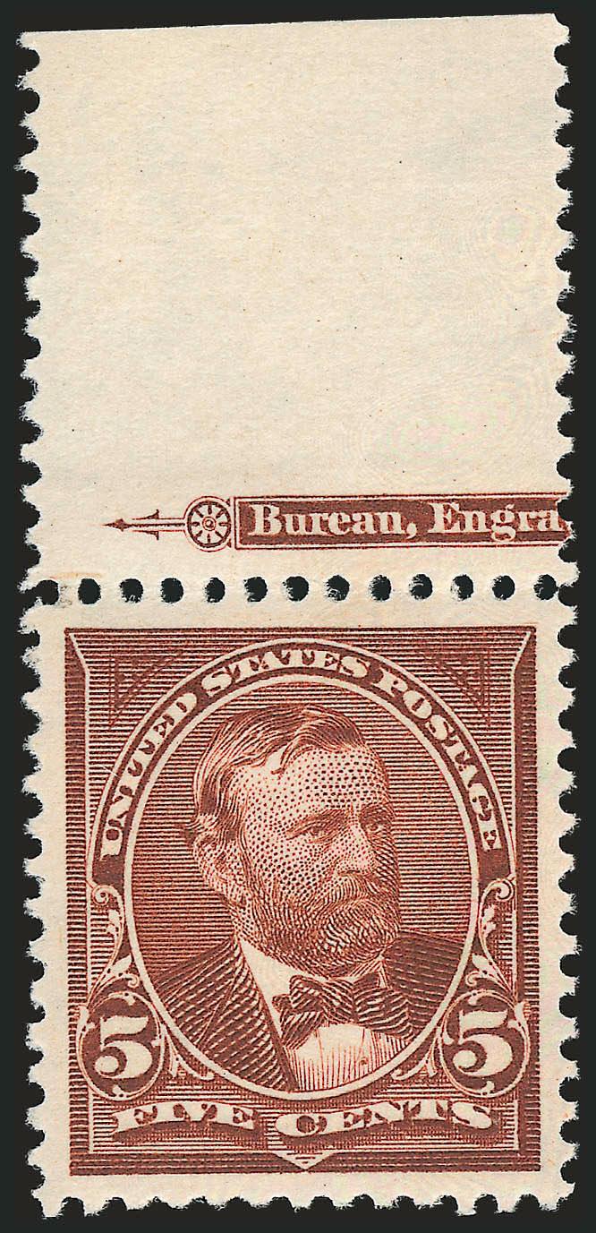 5c Chocolate (270).> Mint N.H., <wide selvage with part imprint> at top, unusually choice centering with Jumbo margins, gorgeous color<><>^EXTREMELY FINE GEM. A SUPERB MINT NEVER-HINGED EXAMPLE OF THE 5-CENT
1895 WATERMARKED BUREAU ISSUE.^<><>Wit