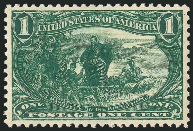 1c Trans-Mississippi (285).> Mint N.H., wonderfully rich shade, unusually choice centering, long and full perforations all around, Extremely Fine Gem, with 2005 P.S.E. certificate (XF-Superb 95 SMQ
$750.00)