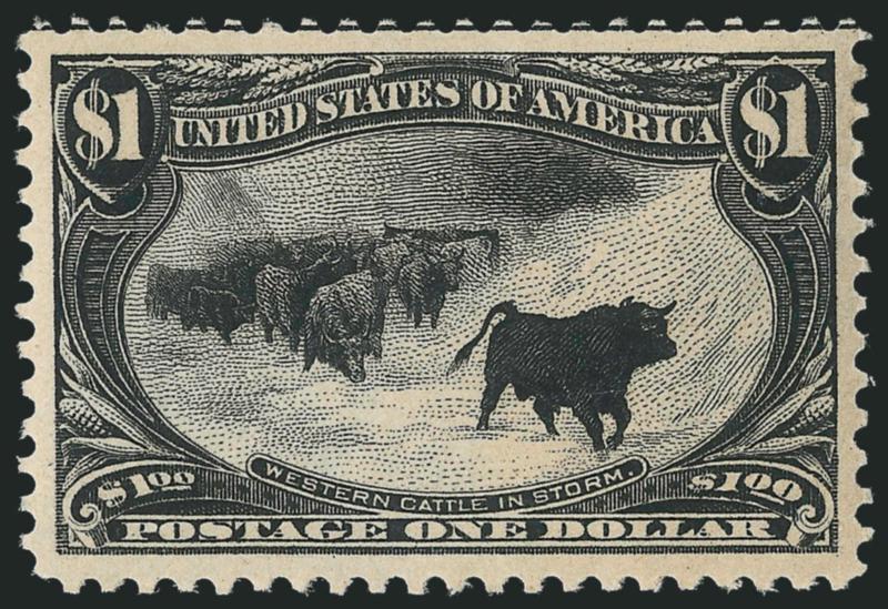 $1.00 Trans-Mississippi (292).> Mint N.H., choice margins and essentially perfectly centered, guide line at top, intense shade on crisp white paper<><>^EXTREMELY FINE. A STUNNING MINT NEVER-HINGED EXAMPLE OF THE
$1.00 TRANS-MISSISSIPPI ISSUE, WHICH