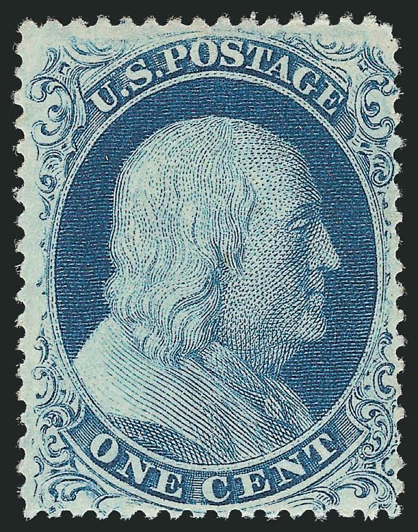 1c Blue, Ty. IIIa (22).> Plate 4, original gum, lightly hinged, fresh and bright color, showing clear break at top and complete outer line at bottom (the defining characteristic of the type)<><>^VERY FINE AND
CHOICE ORIGINAL-GUM EXAMPLE OF THE 1857