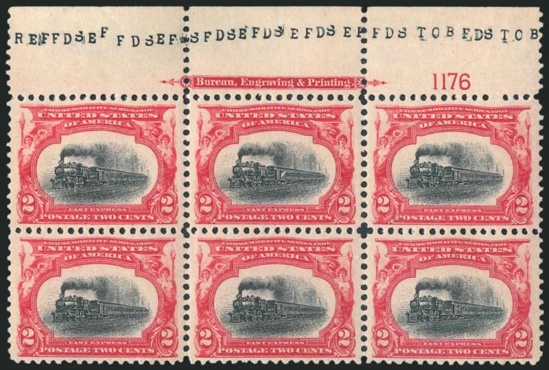 2c Pan-American (295).> Mint N.H. top imprint and plate no. 1176 block of six, fresh and bright, impeccable centering, light scoring line from right selvage to across top left stamp, Extremely Fine, with 2009
P.S.E. certificate (XF 90)