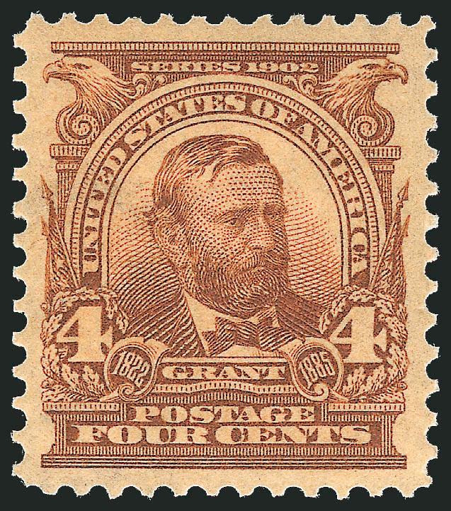 4c Brown (303).> Mint N.H., beautiful wide margins with absolutely precise centering, excellent color in the orange brownred brown family<><>^EXTRMELY FINE GEM. A MAGNIFICENT MINT NEVER-HINGED EXAMPLE OF THE
4-CENT 1902 ISSUE, WHICH HAS BEEN GRADE