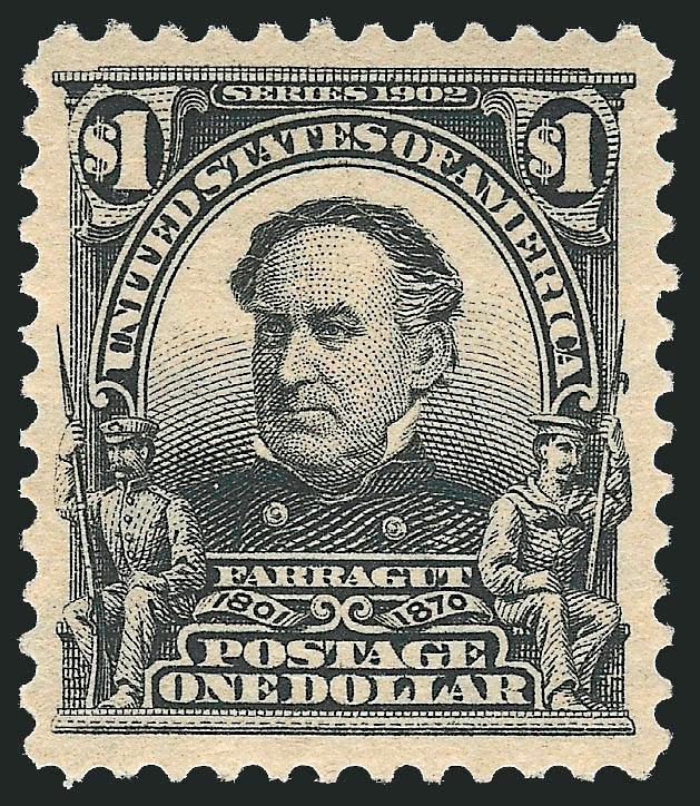 $1.00 Black (311).> Mint N.H., choice margins and exceptionally well-centered, intense shade and clear impression on fresh white paper<><>^EXTREMELY FINE. A CHOICE MINT NEVER-HINGED EXAMPLE OF THE $1.00 1902
ISSUE.^<><>With 2009 P.S.E. certificat
