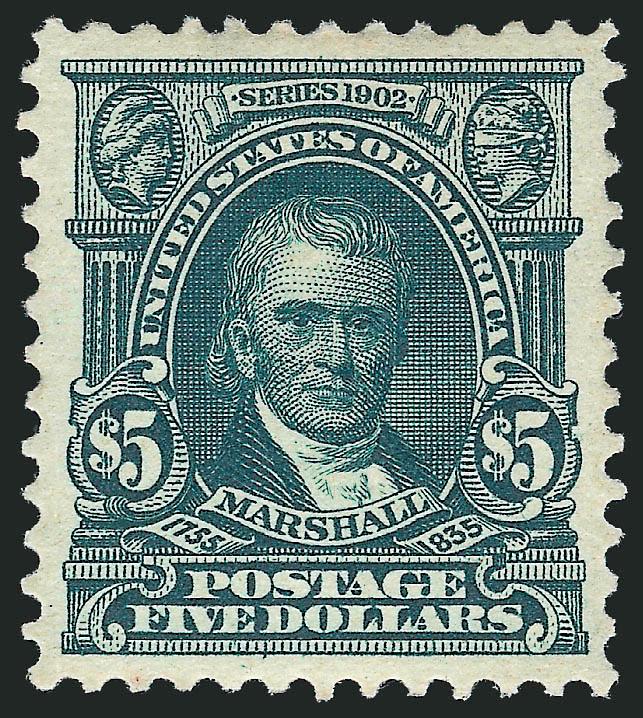 $5.00 Dark Green (313).> Lightly hinged, bright color and crisp impression, beautiful centering with wide and balanced margins<><>^EXTREMELY FINE GEM. A GORGEOUS ORIGINAL-GUM EXAMPLE OF THE $5.00 1902
ISSUE.^<><>With 2009 P.S.E. certificate (XF-S