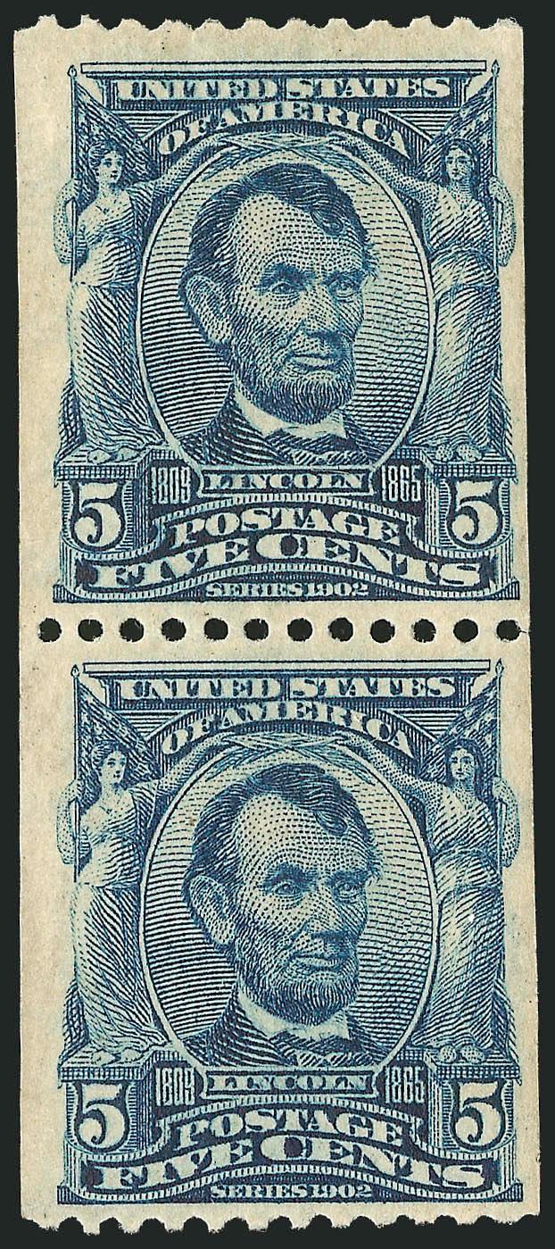 5c Blue, Vertical Coil (317).> Pair, lightly hinged, deep rich color, well-centered for this challenging issue<><>^VERY FINE. AN OUTSTANDING EXAMPLE OF THE RARE 5-CENT 1908 VERTICAL COIL.^<><>With 1951, 1990 and
2004 P.F. certificates