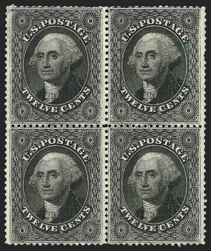 12c Black, Plate 3 (36B).> Block of four, original gum, lightly hinged, intense shade and proof-like impression, top right stamp puled perf at right, few rejoined perf separations at bottom<><>^VERY FINE
APPEARANCE. A SCARCE AND ATTRACTIVE ORIGINAL