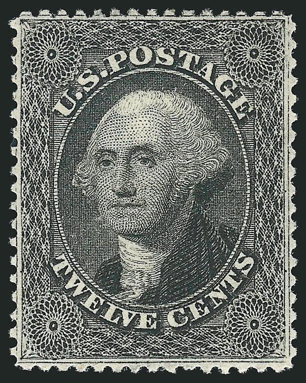 12c Black, Plate 3 (36B).> Original gum, lightly hinged, unusually choice centering with wide margins for this difficult issue, intense shade and proof-like impression on bright paper<><>^EXTREMELY FINE. A SUPERB
ORIGINAL-GUM EXAMPLE OF THE 12-CENT