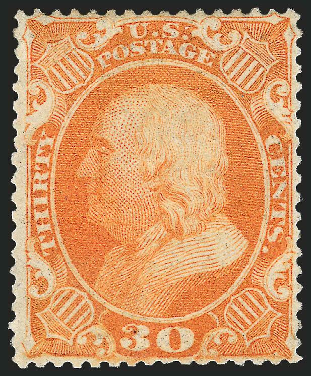 30c Orange (38).> Original gum, lightly hinged, vibrant color as fresh as the day it was printed, choice centering for this difficult issue<><>^EXTREMELY FINE. A BEAUTIFUL LIGHTLY-HINGED EXAMPLE OF THE 30-CENT
1860 ISSUE. SCARCE WITH SUCH PRISTINE