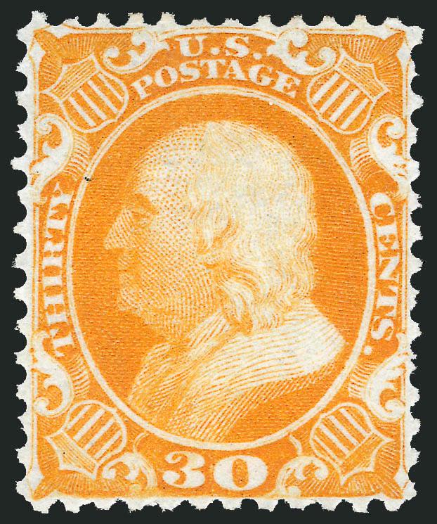 30c Yellow Orange, Reprint (46).> Without gum as issued, brilliant color on bright fresh paper, exceptionally choice centering<><>^EXTREMELY FINE. A MAGNIFICENT EXAMPLE OF THE 30-CENT 1857 REPRINT. AN EXCEEDINGLY
RARE STAMP WITH SUCH CHOICE CENTERI