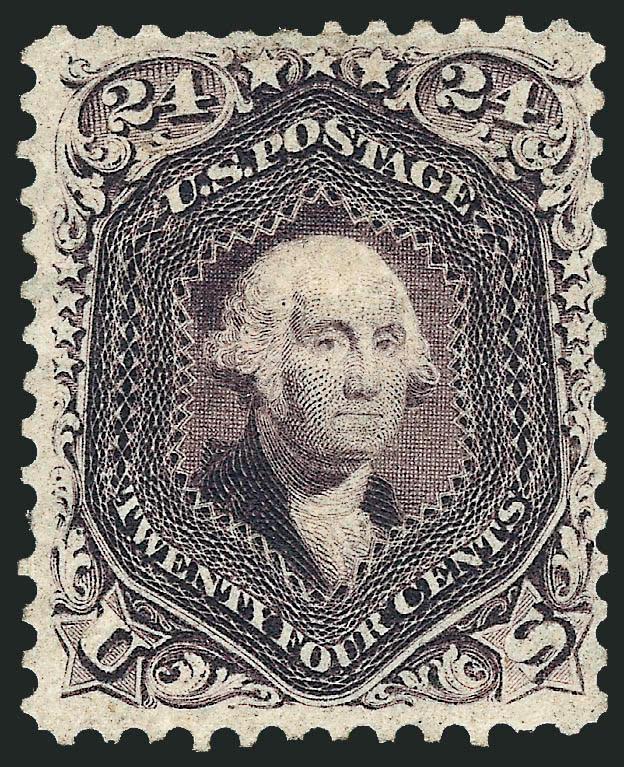 24c Dark Violet, First Color (60).> Original gum, deep rich color and proof-like impression, single short perf at left<><>^VERY FINE APPEARANCE. A RARE ORIGINAL-GUM EXAMPLE THE 1861 24-CENT DARK VIOLET EARLY
TRIAL PRINTING. ONE OF THE RAREST OF THE