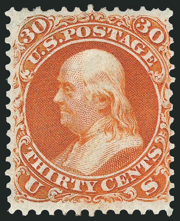 30c Red Orange, First Color (61).> Original gum, beautiful shade and impression, choice centering for this difficult issue, full perforations all around<><>^EXTREMELY FINE. THIS IS WITHOUT QUESTION ONE OF THE
FINEST ORIGINAL-GUM EXAMPLES OF THE RAR