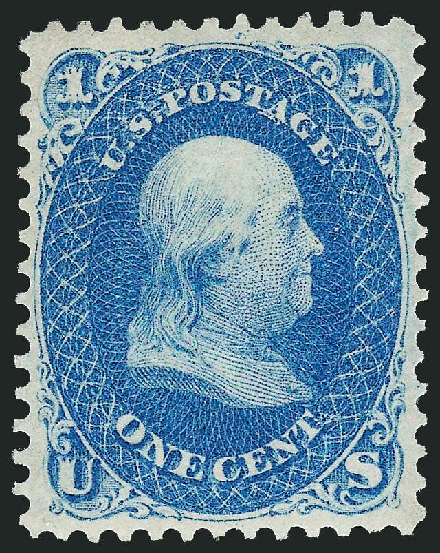 1c Blue (63).> Original gum, single hinge mark, rich color on bright paper, wide margins, Extremely Fine, with 1987 P.F. and 2010 P.S.E. certificates (OGph, VF-XF 85 SMQ $500.00)