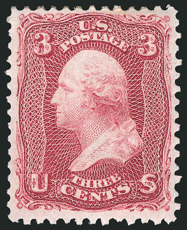 3c Lake (66).> Original gum, single hinge mark, rich color and proof-like impression on bright paper<><>^VERY FINE AND CHOICE. A BEAUTIFUL ORIGINAL-GUM EXAMPLE OF THE 1861 LAKE TRIAL PRINTING.^<><>With 2005 P.F.
certificate