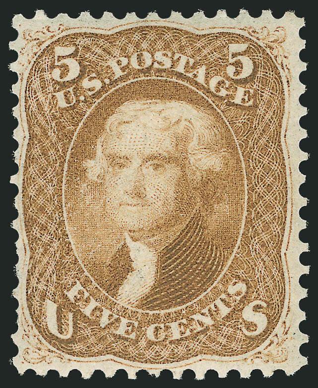 5c Buff (67).> Original gum, lightly hinged, deep rich color on bright paper, couple short perfs at left not mentioned on accompanying certificates<><>^VERY FINE APPEARANCE. A RARE ORIGINAL-GUM EXAMPLE OF THE
5-CENT BUFF 1861 ISSUE.^<><>Our sales