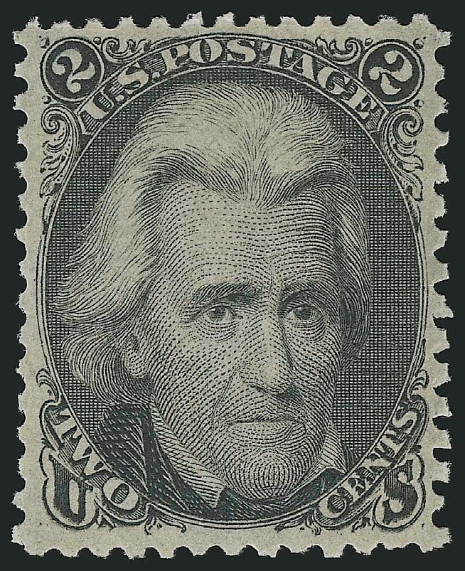 2c Black (73). Mint N.H.,> choice centering for this difficult issue, intense shade and proof-like impression<><>^EXTREMELY FINE. A FRESH MINT NEVER-HINGED EXAMPLE OF THE 2-CENT BLACK JACK ISSUE. SCARCE IN SUCH
WONDERFULLY PRISTINE CONDITION.^<><