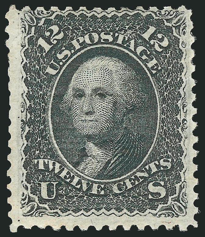 12c Black, Z. Grill (85E).> Original gum, clearly-defined grill, intense shade and proof-like impression, light diagonal creases and slightly blunted perfs at left<><>^FINE APPEARANCE. A RARE ORIGINAL-GUM EXAMPLE
OF THE 1868 12-CENT Z GRILL.^<><>
