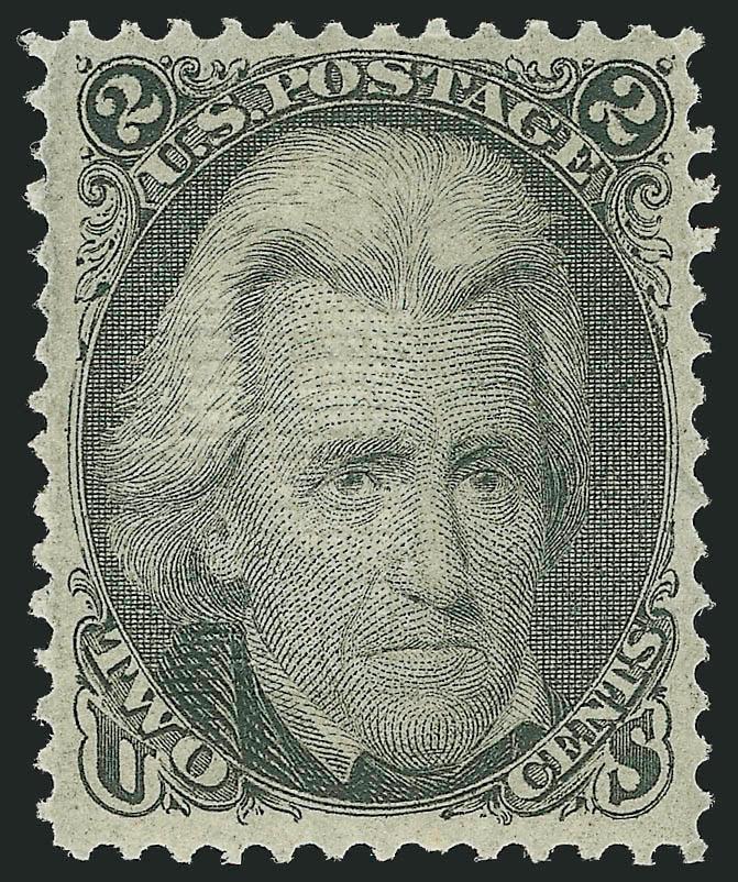 2c Black, F. Grill (93).> Original gum, single hinge mark, well-defined grill, wide and well-balanced margins, detailed impression<><>^EXTREMELY FINE. A SUPERB ORIGINAL-GUM EXAMPLE OF THE 1868 2-CENT F
GRILL.^<><>With 2005 P.F. certificate
