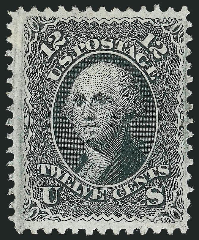 12c Black, F. Grill (97).> Original gum, clear and complete grill impression, intense shade and detailed impression, long and full perforations<><>^VERY FINE AND CHOICE. A MAGNIFICENT ORIGINAL-GUM EXAMPLE OF THE
1868 12-CENT F GRILL.^<><>Ex Hoffm