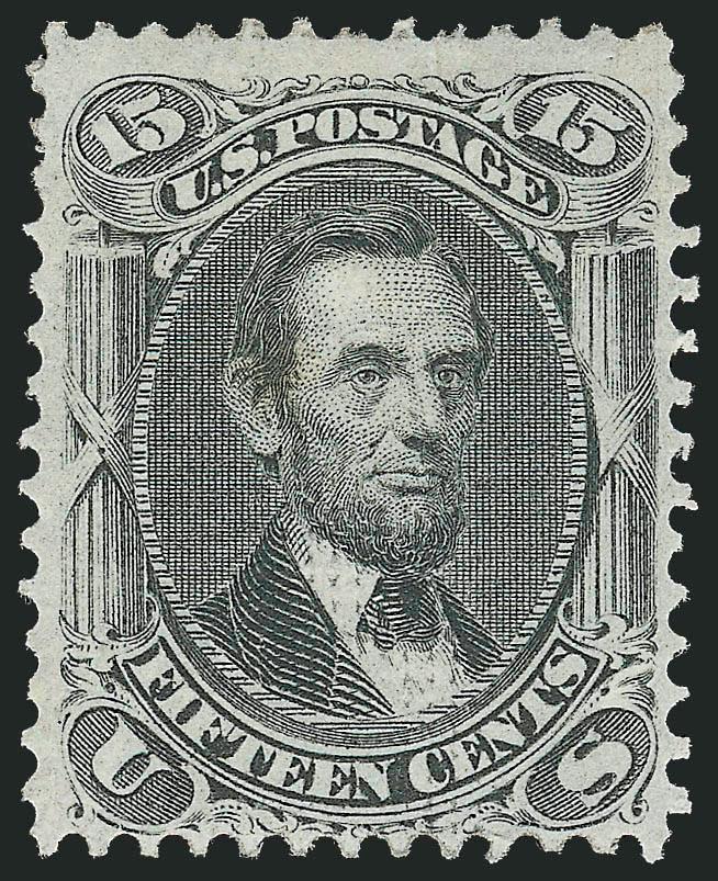 15c Black, F. Grill (98).> Barely disturbed original gum described on accompanying certificates as original gum, bright shade and crisp impression, clear grill, small stain spot barely shows through on Lincolns
head, otherwise Very Fine, with 1983 a