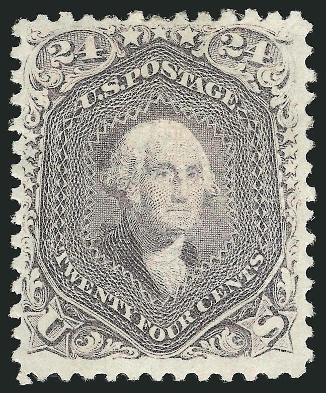 24c Gray Lilac, F. Grill (99).> Large part original gum, bright shade and detailed impression<><>^VERY FINE ORIGINAL-GUM EXAMPLE OF THE 1868 24-CENT F GRILL.^<><>Ex Geisler. With 1986 and 2007 P.F.
certificates