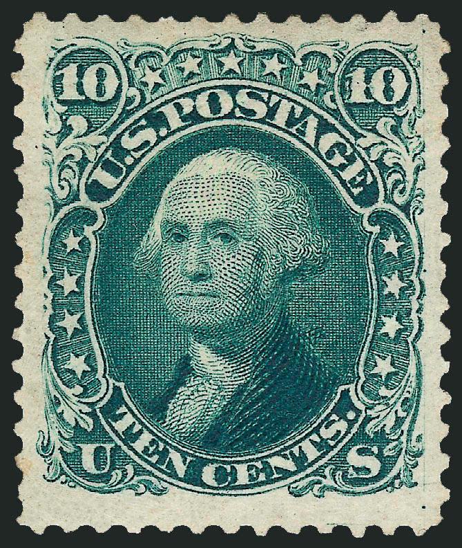 10c Green, Re-Issue (106).> Original gum, deep rich color and proof-like impression on bright paper, wide margins<><>^EXTREMELY FINE ORIGINAL-GUM EXAMPLE OF THE 10-CENT 1861 RE-ISSUE.^<><>With 1990 P.F. and 2007
P.S.E. certificates (OGh, XF 90 S