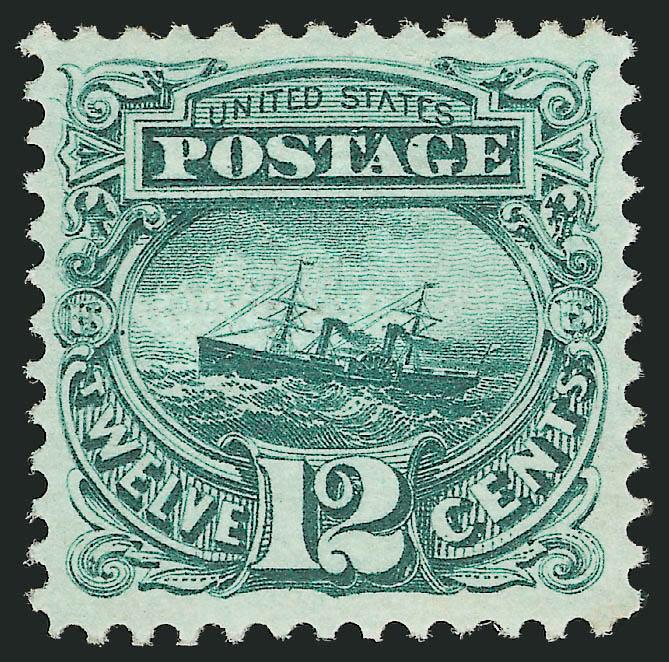 12c Green (117).> Original gum, lightly hinged, choice centering with balanced margins all around, deep rich color and intense proof-like impression on fresh paper<><>^EXTREMELY FINE. A GORGEOUS EXAMPLE OF THE
12-CENT 1869 PICTORIAL ISSUE -- ONE OF