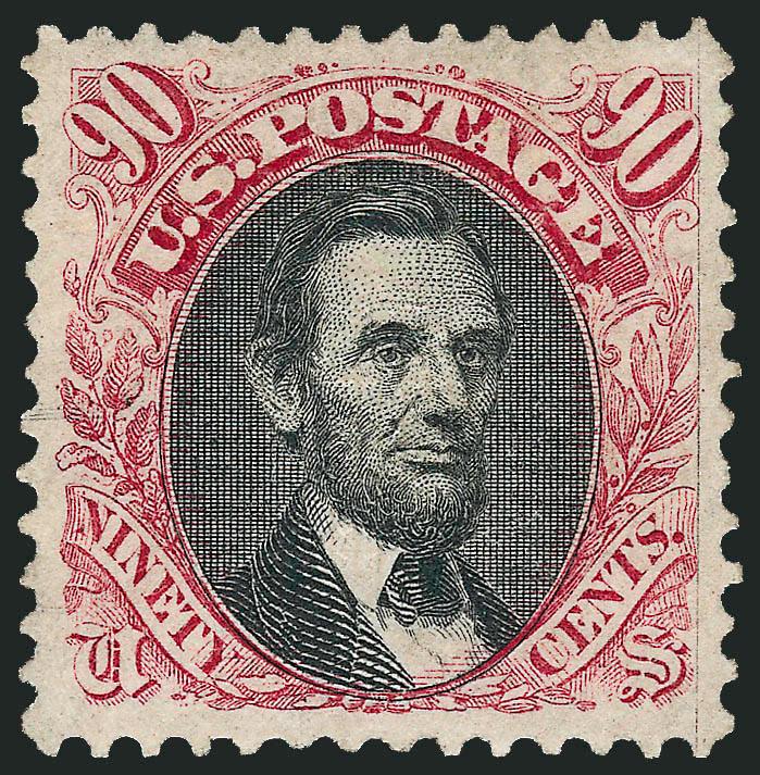 90c Carmine & Black (122).> Original gum, deep rich colors and proof-like impressions, unusually choice centering with wide and balanced margins<><>^EXTREMELY FINE GEM. A SUPERB ORIGINAL-GUM EXAMPLE OF THE
90-CENT 1869 PICTORIAL ISSUE, WHICH HAS BE