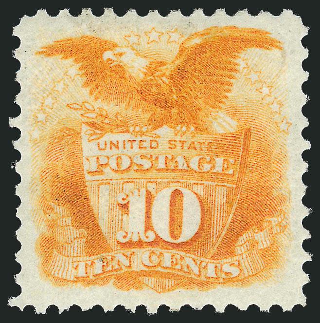 10c Yellow, Re-Issue (127).> Original gum, brilliant color, choice centering with wide and balanced margins, tiny natural inclusion<><>^EXTREMELY FINE. A BEAUTIFUL ORIGINAL-GUM EXAMPLE OF THE 10-CENT 1869
PICTORIAL ISSUE.^<><>Unlike many examples