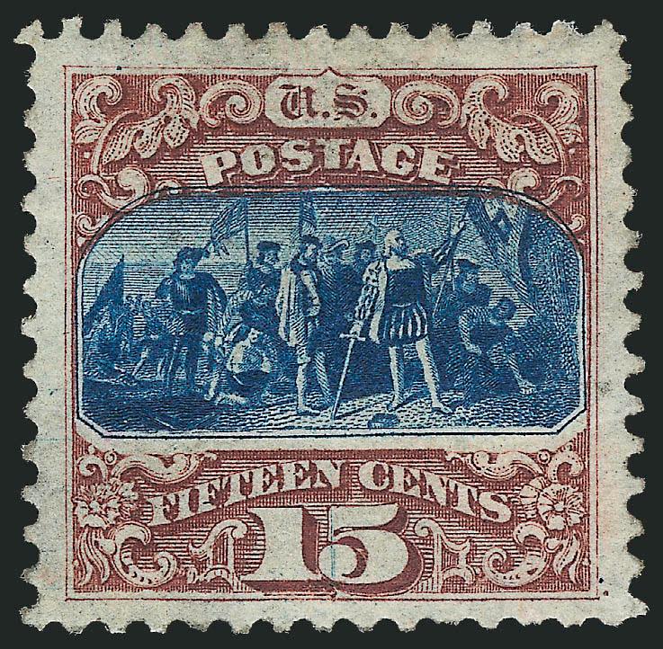 15c Brown & Blue, Re-Issue (129).> Original gum, deep rich colors and proof-like impressions, unusually choice centering with Jumbo margins<><>^EXTREMELY FINE. A BEAUTIFUL ORIGINAL-GUM JUMBO-MARGINED EXAMPLE OF
THE 15-CENT 1869 PICTORIAL RE-ISSUE.^