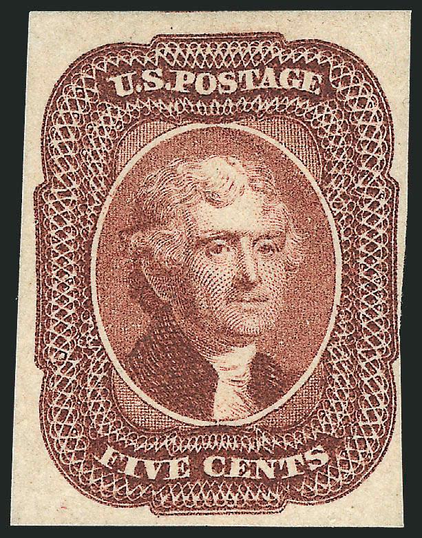 5c Red Brown (12).> Large margins to clear of projection at right, original gum, lightly hinged, bright color and detailed impression<><>^VERY FINE AND CHOICE. A RARE SOUND ORIGINAL-GUM AND FOUR-MARGIN EXAMPLE OF
THE 5-CENT 1856 ISSUE.^<><>Sound,