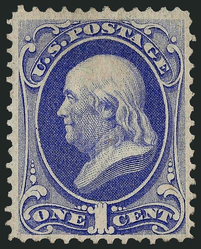 1c Ultramarine, Grill (134).> H. Grill, original gum, lightly hinged, clear grill, radiant color, well-balanced margins<><>^VERY FINE AND CHOICE ORIGINAL-GUM EXAMPLE OF THE 1870 ONE-CENT NATIONAL BANK NOTE
COMPANY GRILLED ISSUE.^<><>Ex Vineyard.