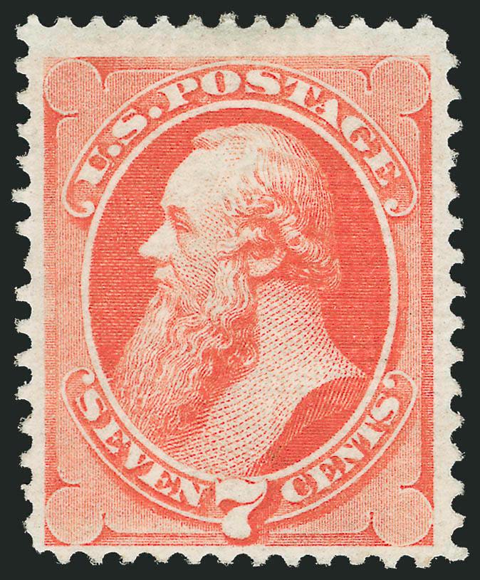 7c Vermilion, Grill (138).> H. Grill, unusually strong grill points clearly visible from front of the stamp, original gum, brilliant color<><>^VERY FINE. A REMARKABLY PRISTINE ORIGINAL-GUM EXAMPLE OF THE 1870
7-CENT NATIONAL BANK NOTE GRILLED ISSUE