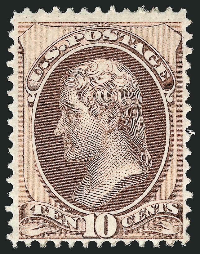 10c Brown, Grill (139).> H. Grill, original gum, well-defined grill points at right, few lightly gum soaked perfs at bottom<><>^FINE AND RARE ORIGINAL-GUM EXAMPLE OF THE 1870 10-CENT NATIONAL BANK NOTE GRILLED
ISSUE.^<><>With 2007 P.F. certificat