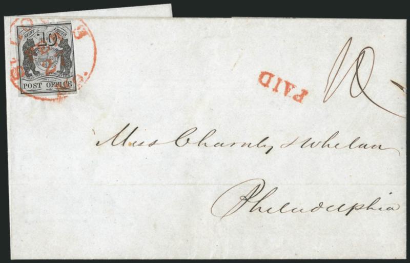 St. Louis Mo., 10c Black on Gray Lilac (11X5).> Type II, Position 4, three full margins, clear to slightly in at right, <without pen cancellation and tied by the red St. Louis Mo. Feb. 27 (1846) circular
datestamp> with matching Paid handstamp an