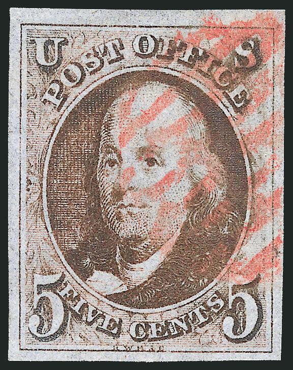 5c Red Brown, Crack in T Variety (1 var).> Large margins, deep rich color, neat strike of red grid cancel leaves the plate crack from T of Post to top of design clearly visible<><>^VERY FINE. A BEAUTIFUL
LARGE-MARGINED EXAMPLE OF THE RARE CRA