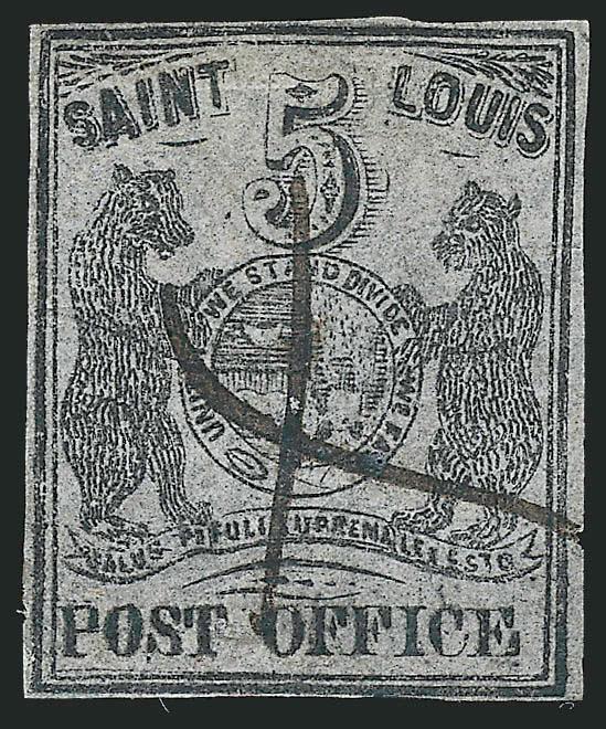 St. Louis Mo., 5c Black on Bluish Pelure (11X7).> Type IV, Position 1 re-engraved, mostly ample margins, just barely touched along bottom frameline, neat manuscript X cancel, strong impression on semi-translucent
paper, several pinpoint breaks in t