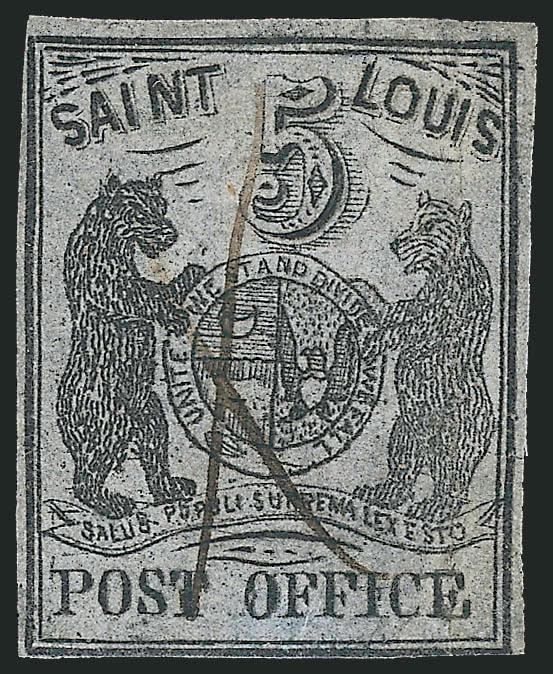 St. Louis Mo., 5c Black on Bluish Pelure (11X7).> Type V, Position 3 re-engraved, mostly ample margins to clear at upper left and just barely touched along bottom frameline, neat manuscript X cancel, strong
impression on fresh semi-translucent pape